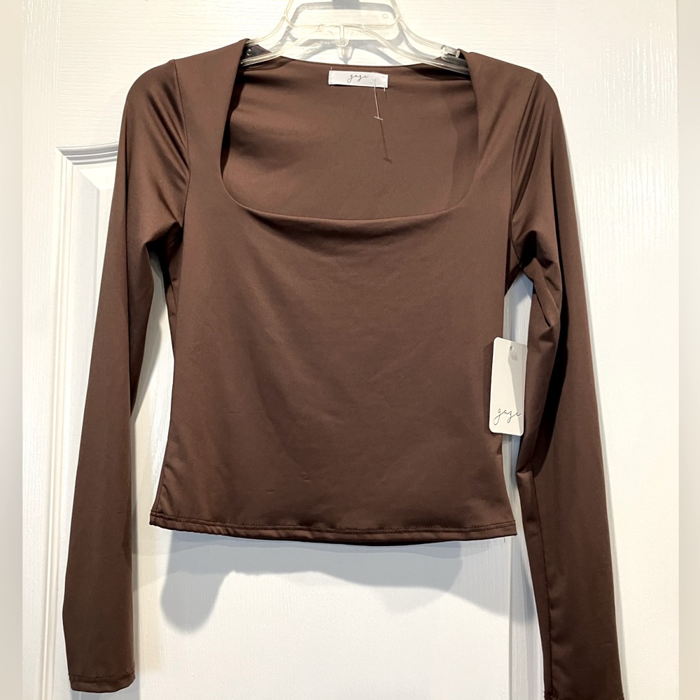 Long Sleeve Square Neck Top - Brown